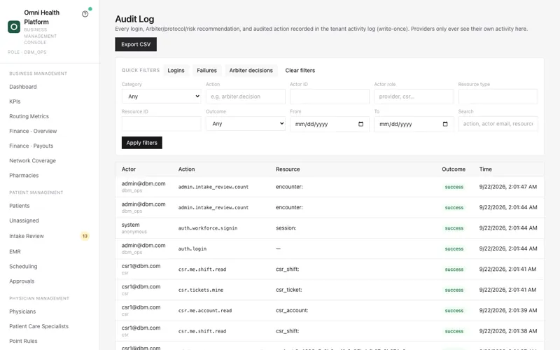 Write-once audit log with filters for logins, failures and decisions