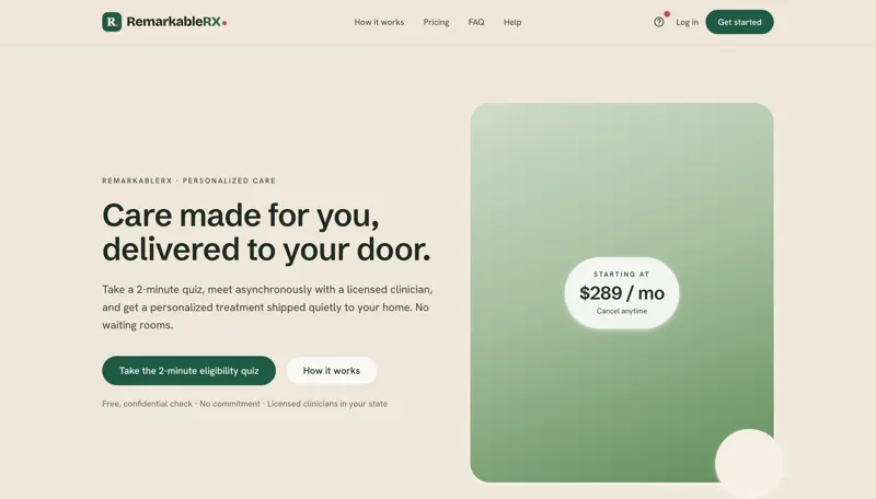 RemarkableRX home page: care made for you, delivered to your door, with a two-minute eligibility quiz