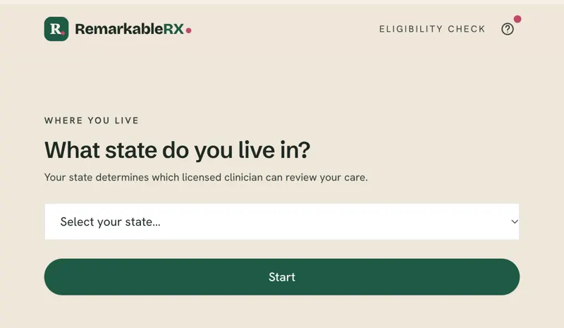 Eligibility quiz asking which state the patient lives in