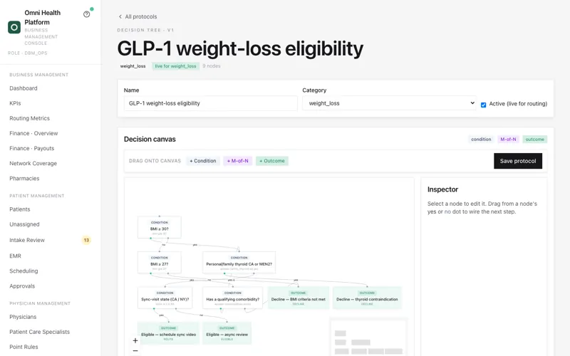 GLP-1 weight-loss eligibility decision tree on the protocol canvas with condition and outcome nodes