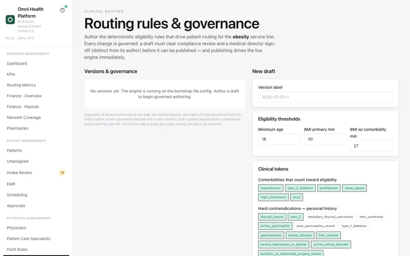Routing rules and governance screen with eligibility thresholds and clinical tokens for comorbidities and hard contraindications