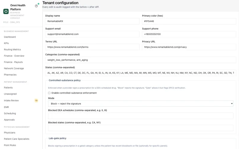 Tenant configuration with the controlled-substance policy and lab-gate policy settings